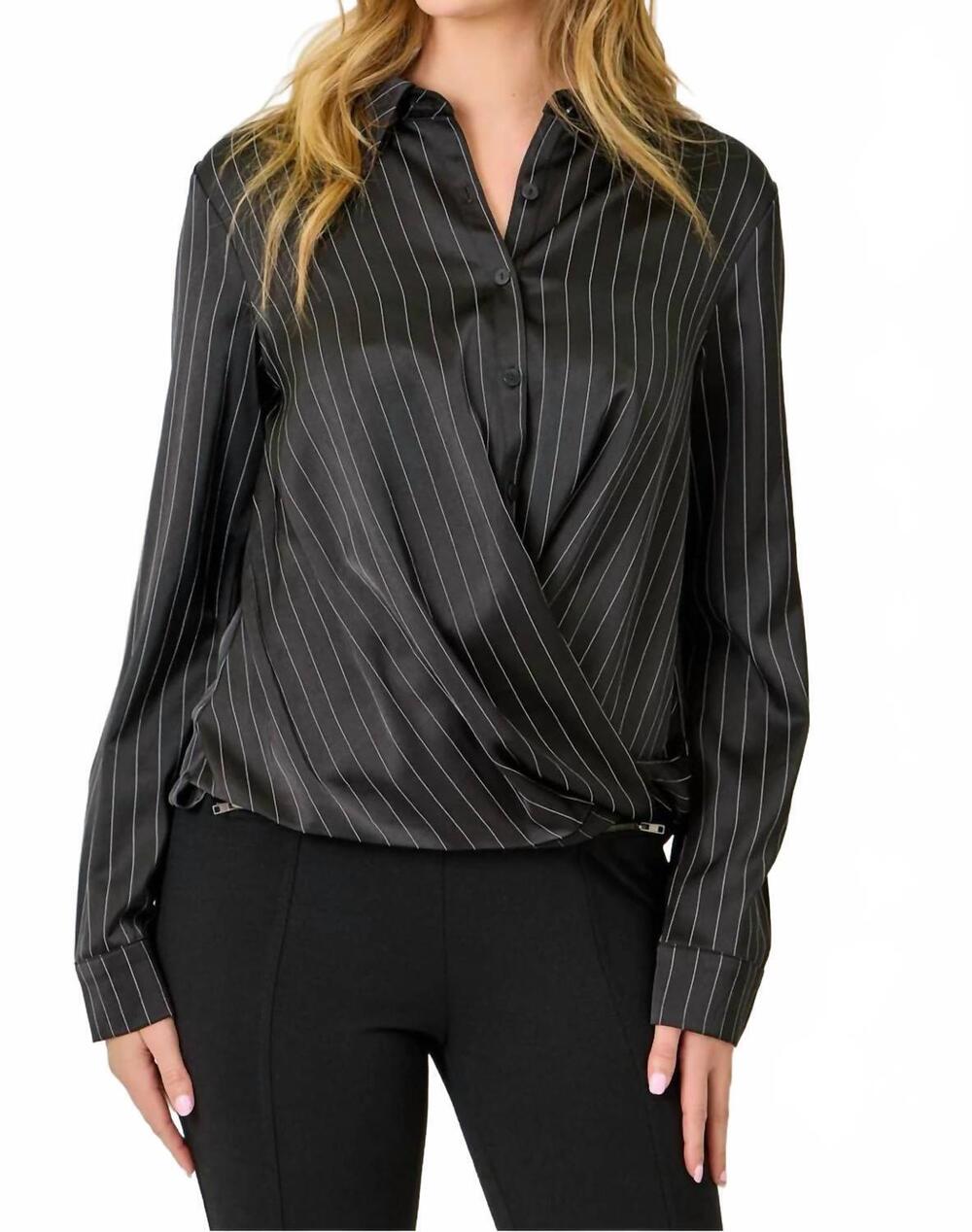 NEW MYSTREE stripe twisted bottom blouse in black